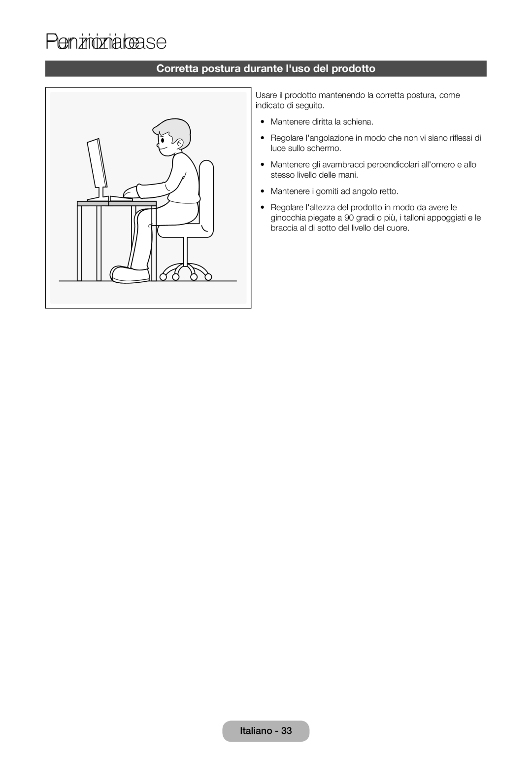 Samsung LT24E310EI/EN, LT28E316EI/EN manual Funzioni base, Corretta postura durante luso del prodotto 