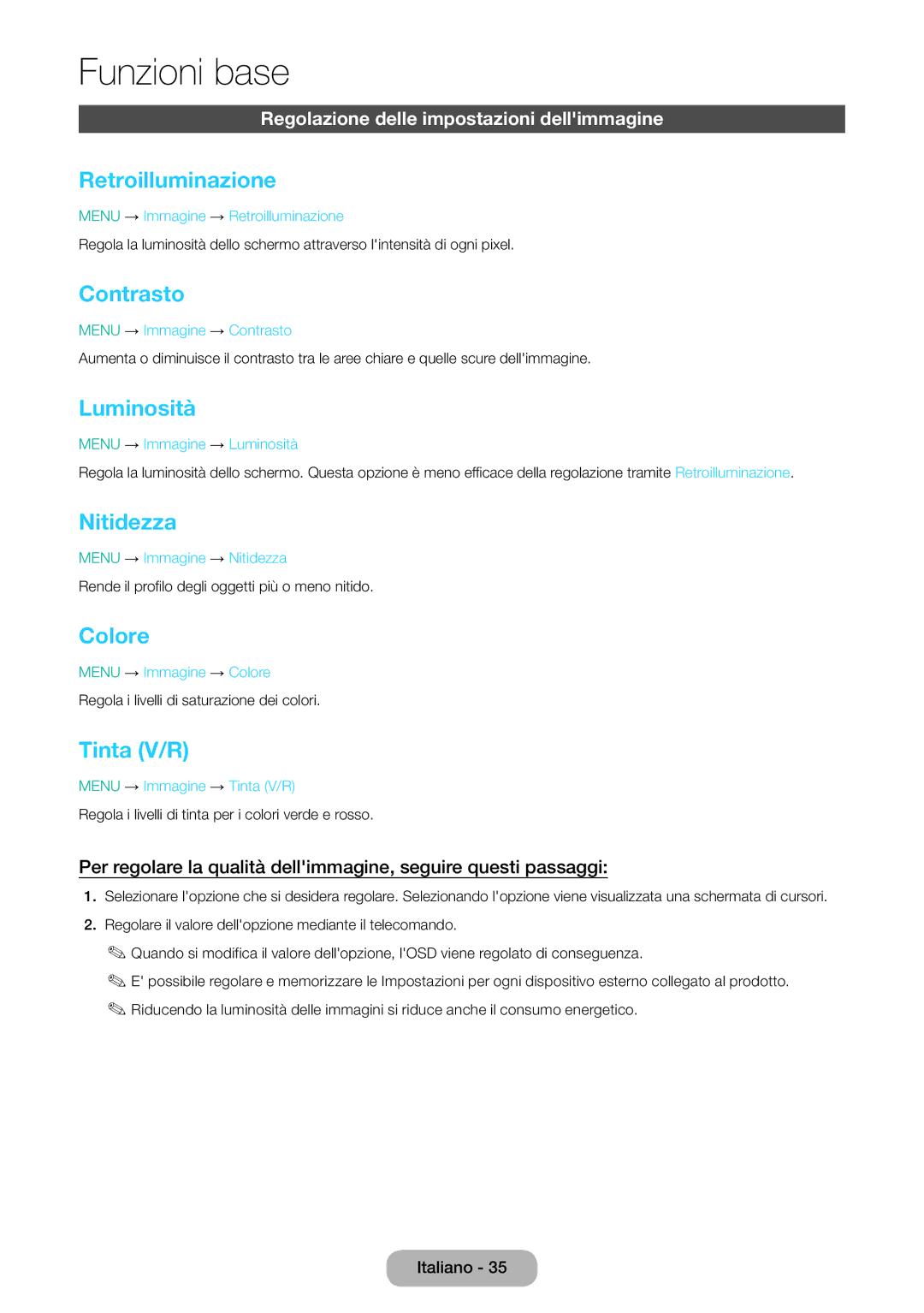 Samsung LT24E310EI/EN, LT28E316EI/EN manual Retroilluminazione, Contrasto, Luminosità, Nitidezza, Colore, Tinta V/R 