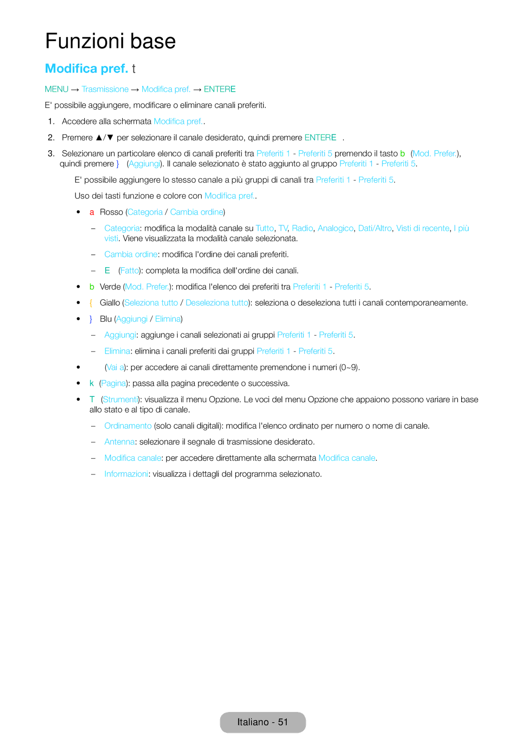 Samsung LT24E310EI/EN manual Modifica pref. t, Menu → Trasmissione → Modifica pref. → Entere, Blu Aggiungi / Elimina 