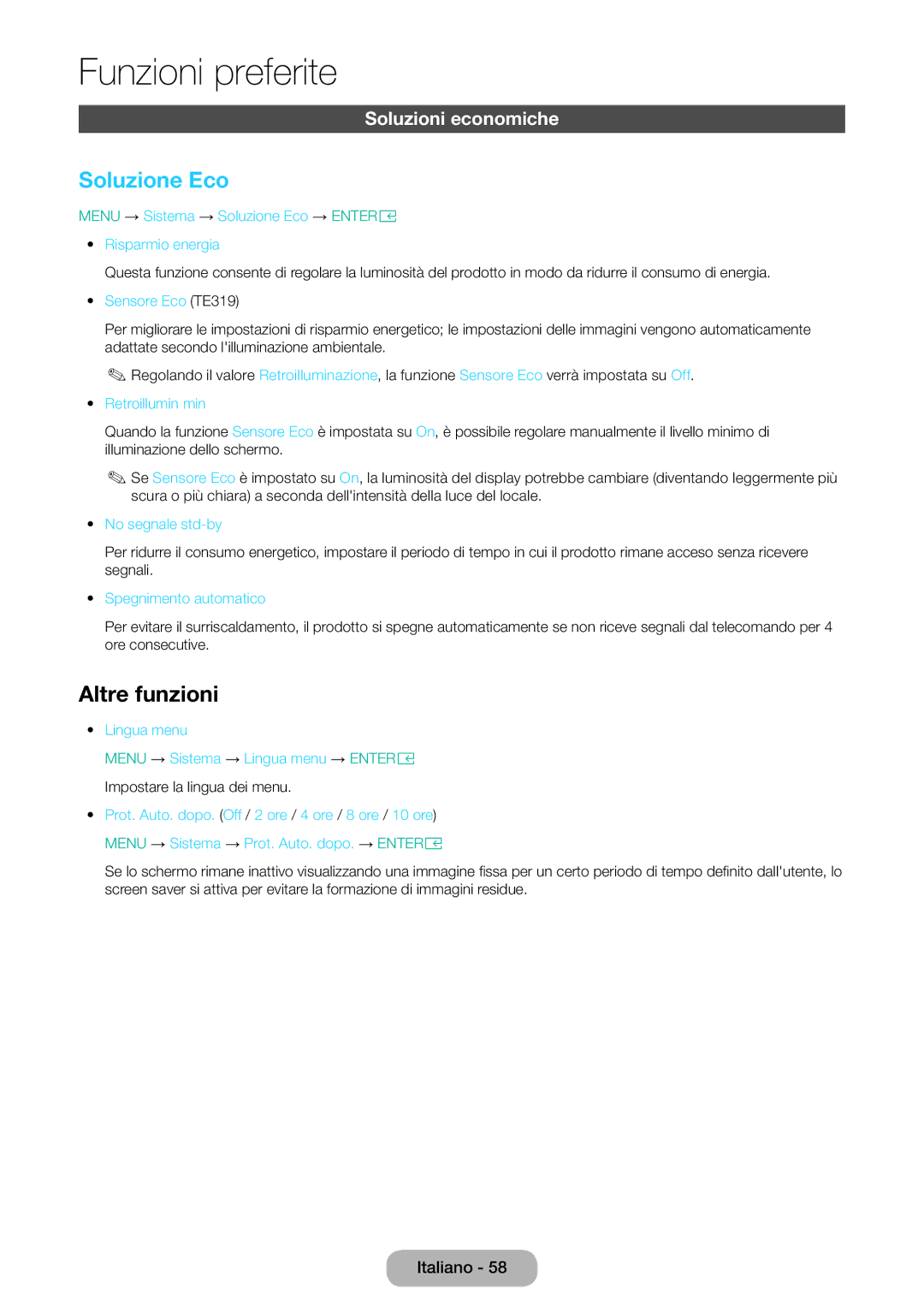 Samsung LT28E316EI/EN, LT24E310EI/EN manual Soluzione Eco, Altre funzioni, Soluzioni economiche 