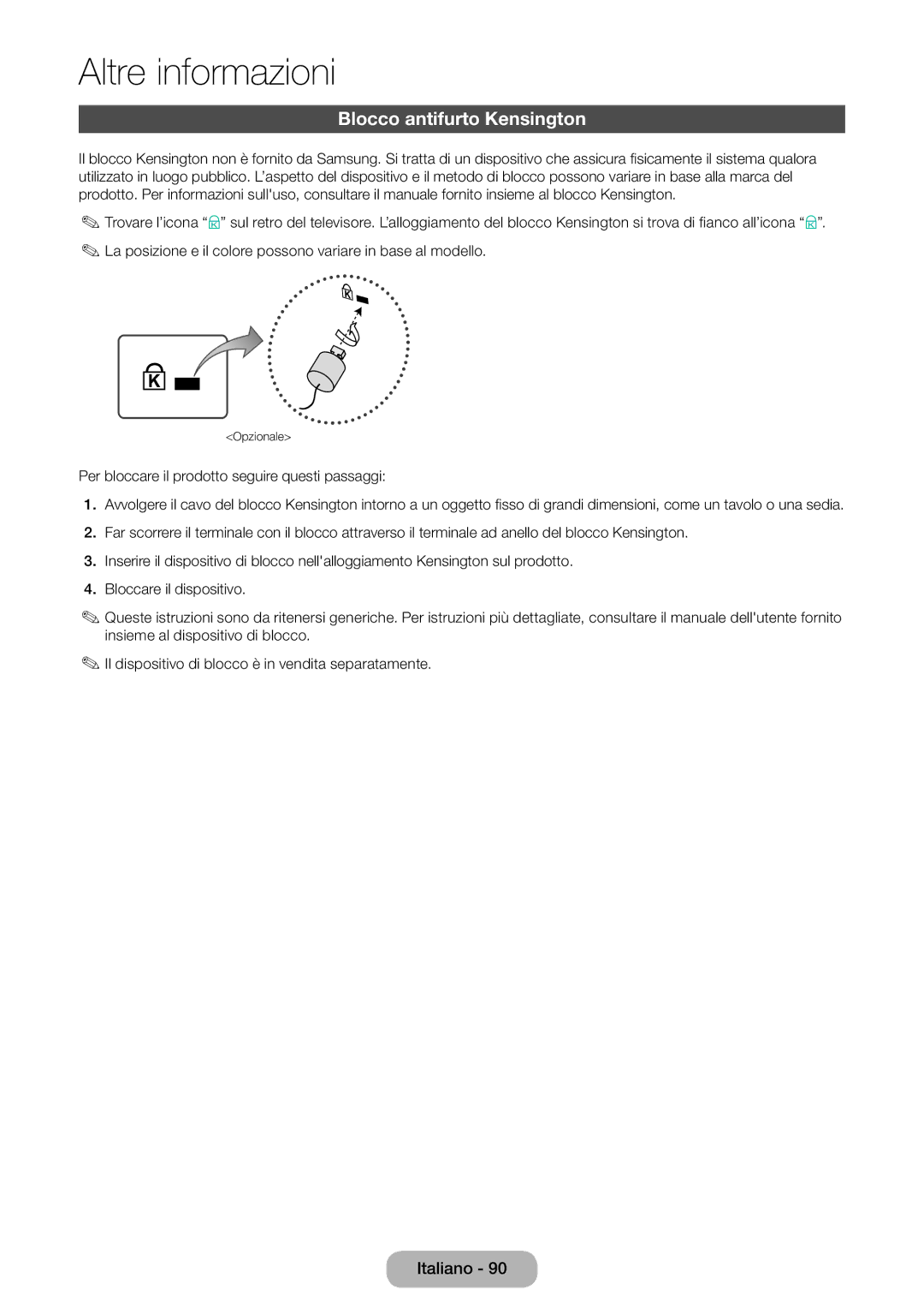 Samsung LT28E316EI/EN, LT24E310EI/EN manual Blocco antifurto Kensington 