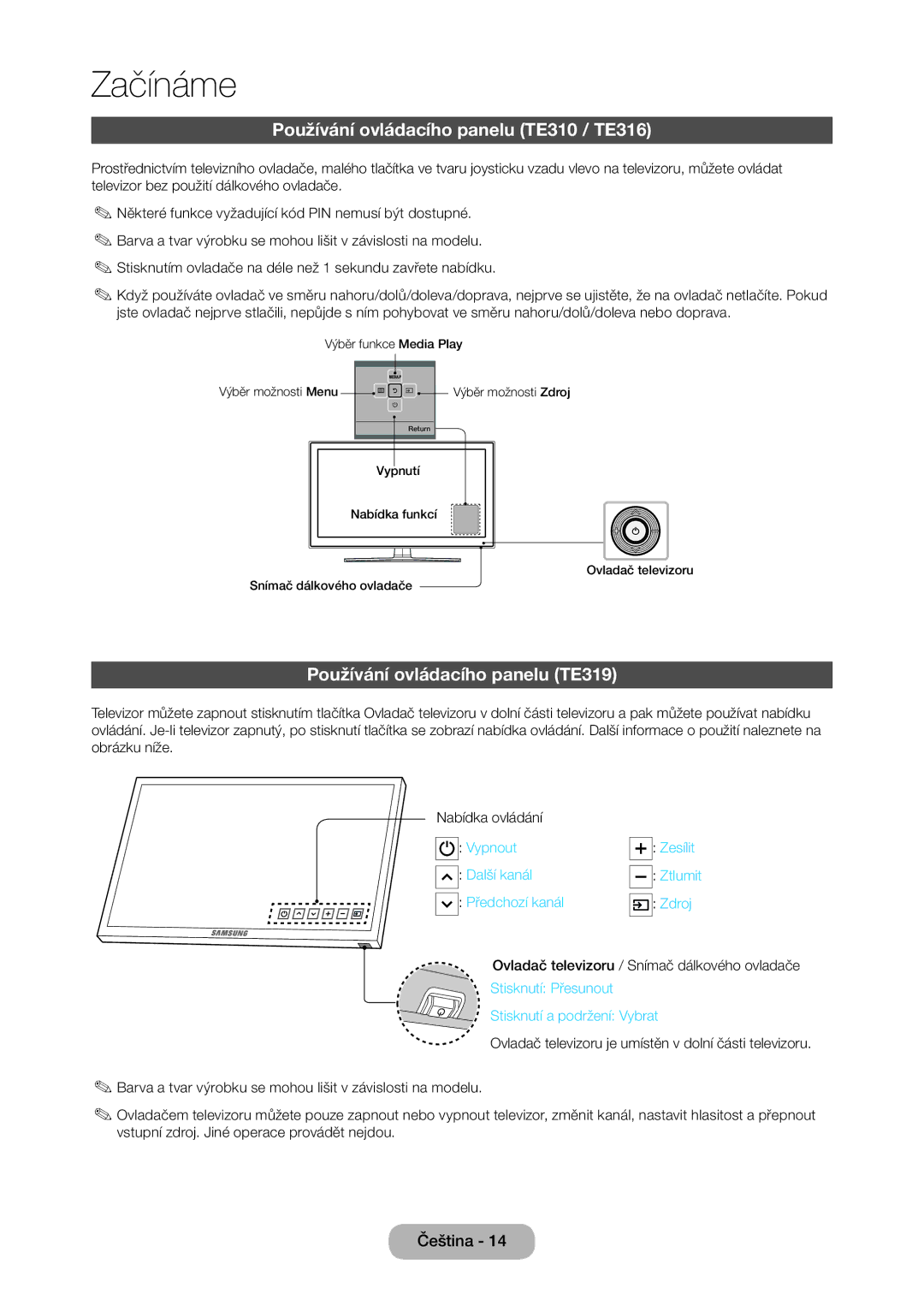 Samsung LT28E316EI/EN, LT24E310EI/EN manual Používání ovládacího panelu TE310 / TE316, Používání ovládacího panelu TE319 