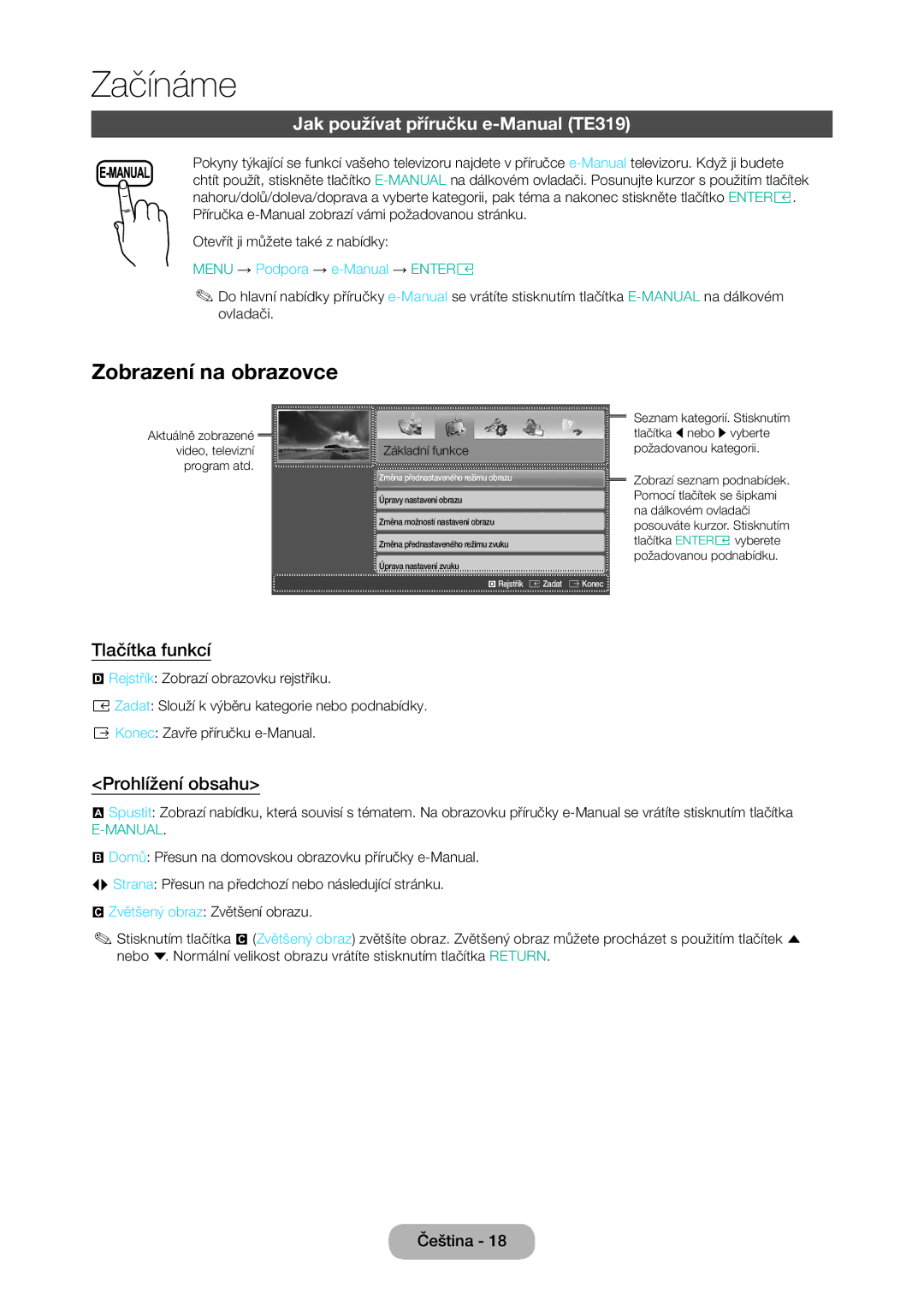 Samsung LT28E316EI/EN Zobrazení na obrazovce, Jak používat příručku e-Manual TE319, Tlačítka funkcí, Prohlížení obsahu 