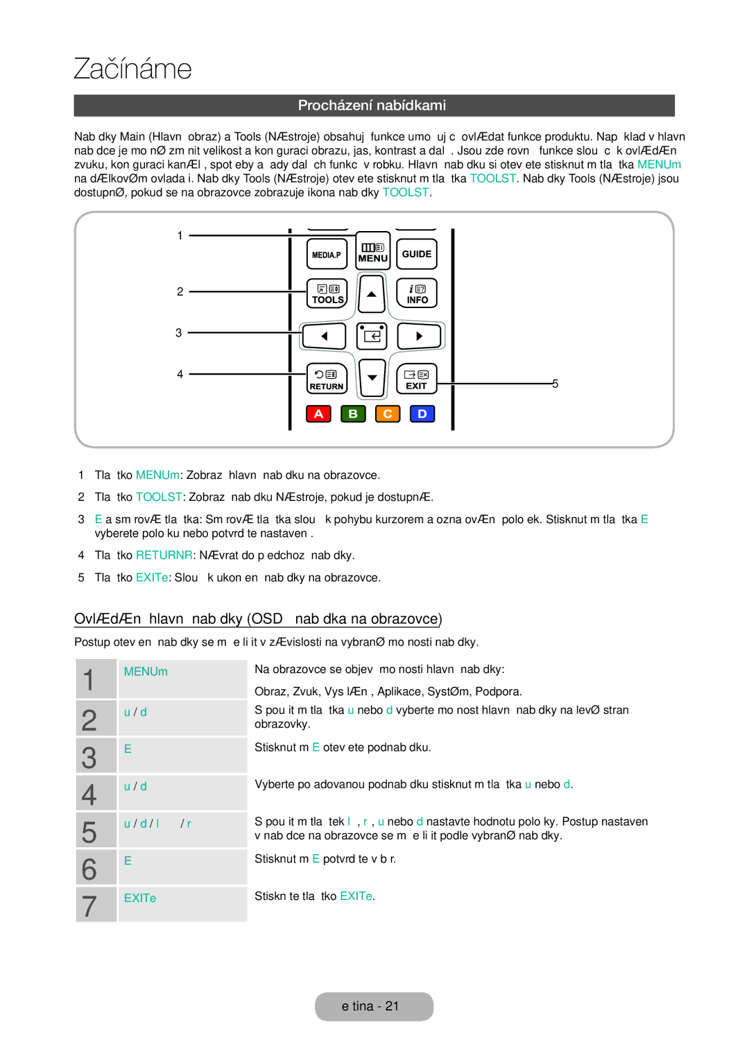 Samsung LT24E310EI/EN, LT28E316EI/EN manual Procházení nabídkami, Ovládání hlavní nabídky OSD nabídka na obrazovce 