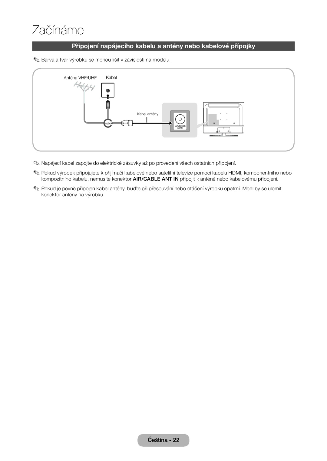 Samsung LT28E316EI/EN, LT24E310EI/EN manual Připojení napájecího kabelu a antény nebo kabelové přípojky 