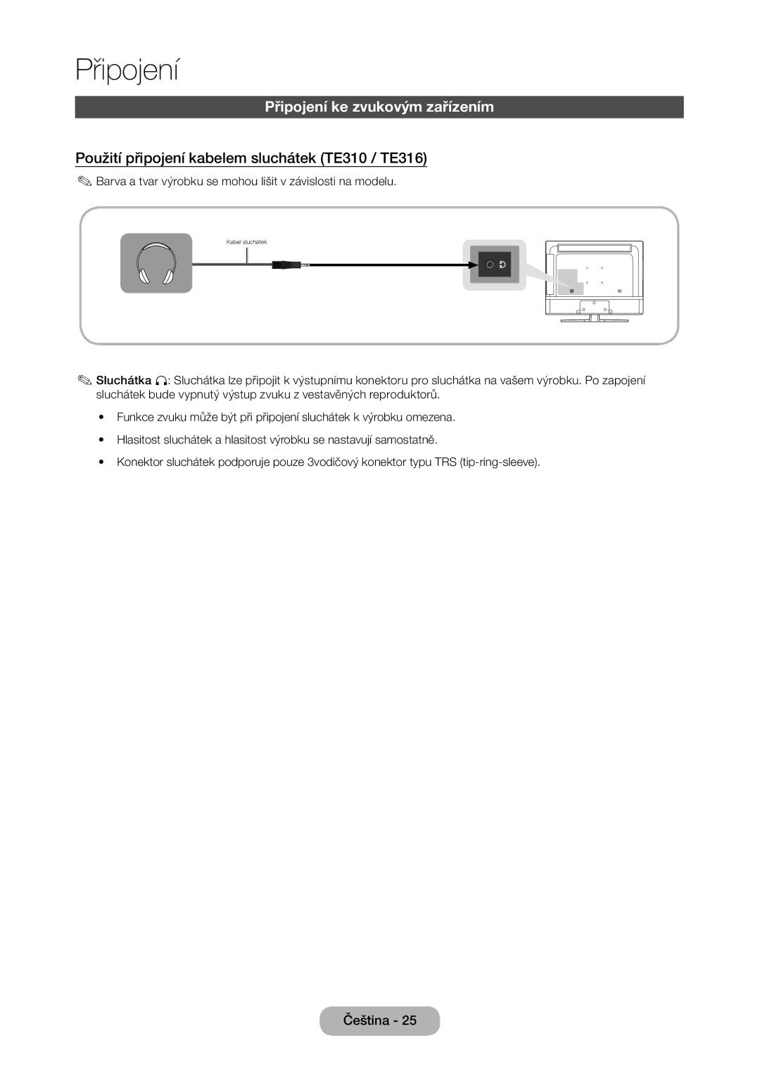 Samsung LT24E310EI/EN, LT28E316EI/EN Připojení ke zvukovým zařízením, Použití připojení kabelem sluchátek TE310 / TE316 