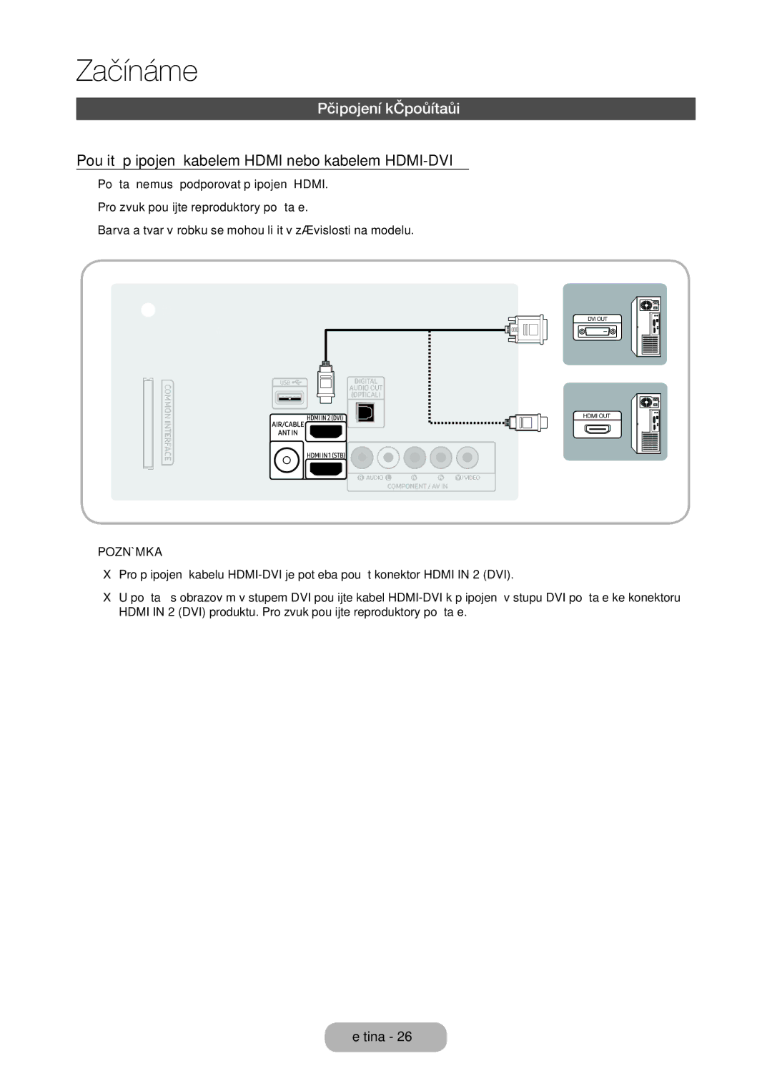 Samsung LT28E316EI/EN, LT24E310EI/EN manual Připojení k počítači, Použití připojení kabelem Hdmi nebo kabelem HDMI-DVI 