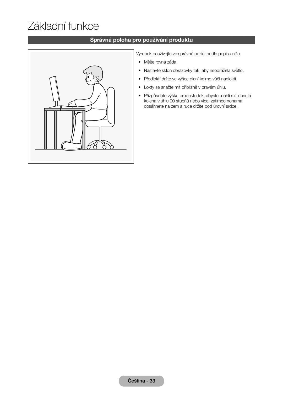 Samsung LT24E310EI/EN, LT28E316EI/EN manual Základní funkce, Správná poloha pro používání produktu 