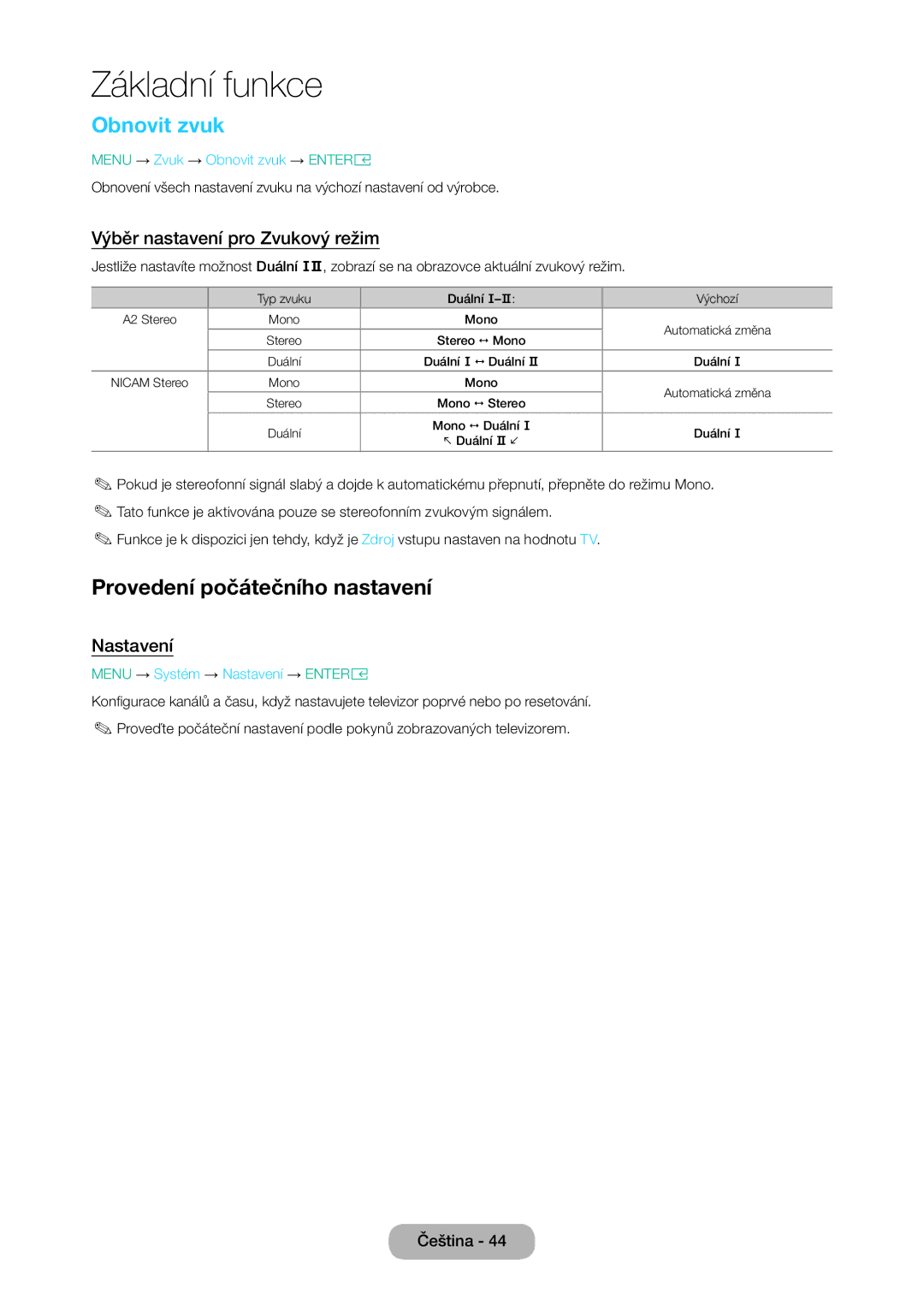 Samsung LT28E316EI/EN manual Obnovit zvuk, Provedení počátečního nastavení, Výběr nastavení pro Zvukový režim, Nastavení 