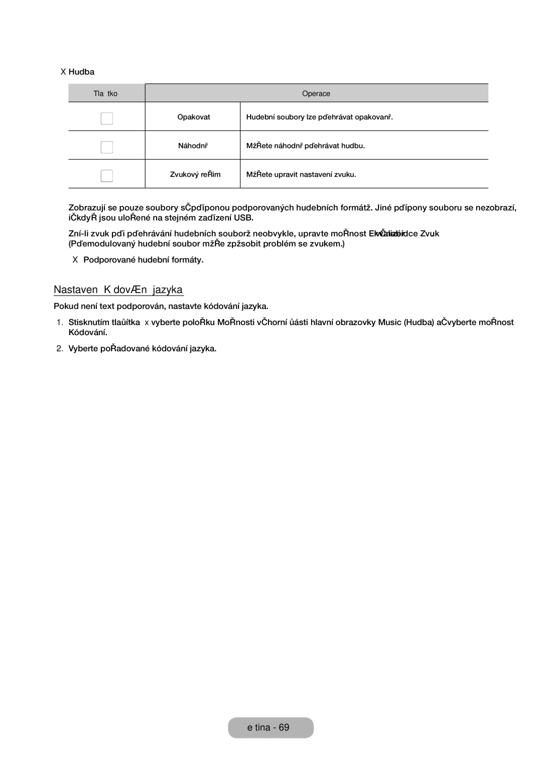 Samsung LT24E310EI/EN, LT28E316EI/EN manual Nastavení Kódování jazyka, Hudba 