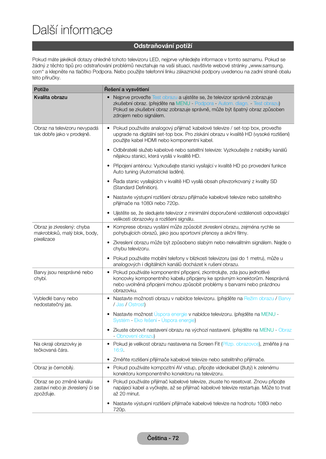 Samsung LT28E316EI/EN manual Odstraňování potíží, Jas / Ostrost, Systém Eko řešení Úspora energie, Obnovení obrazu, 169 