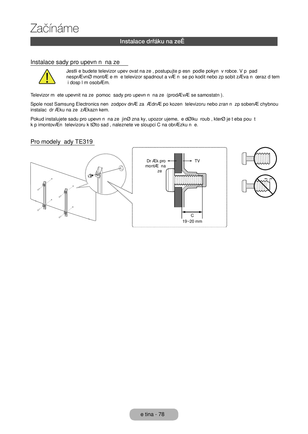 Samsung LT28E316EI/EN, LT24E310EI/EN manual Instalace držáku na zeď, Instalace sady pro upevnění na zeď 