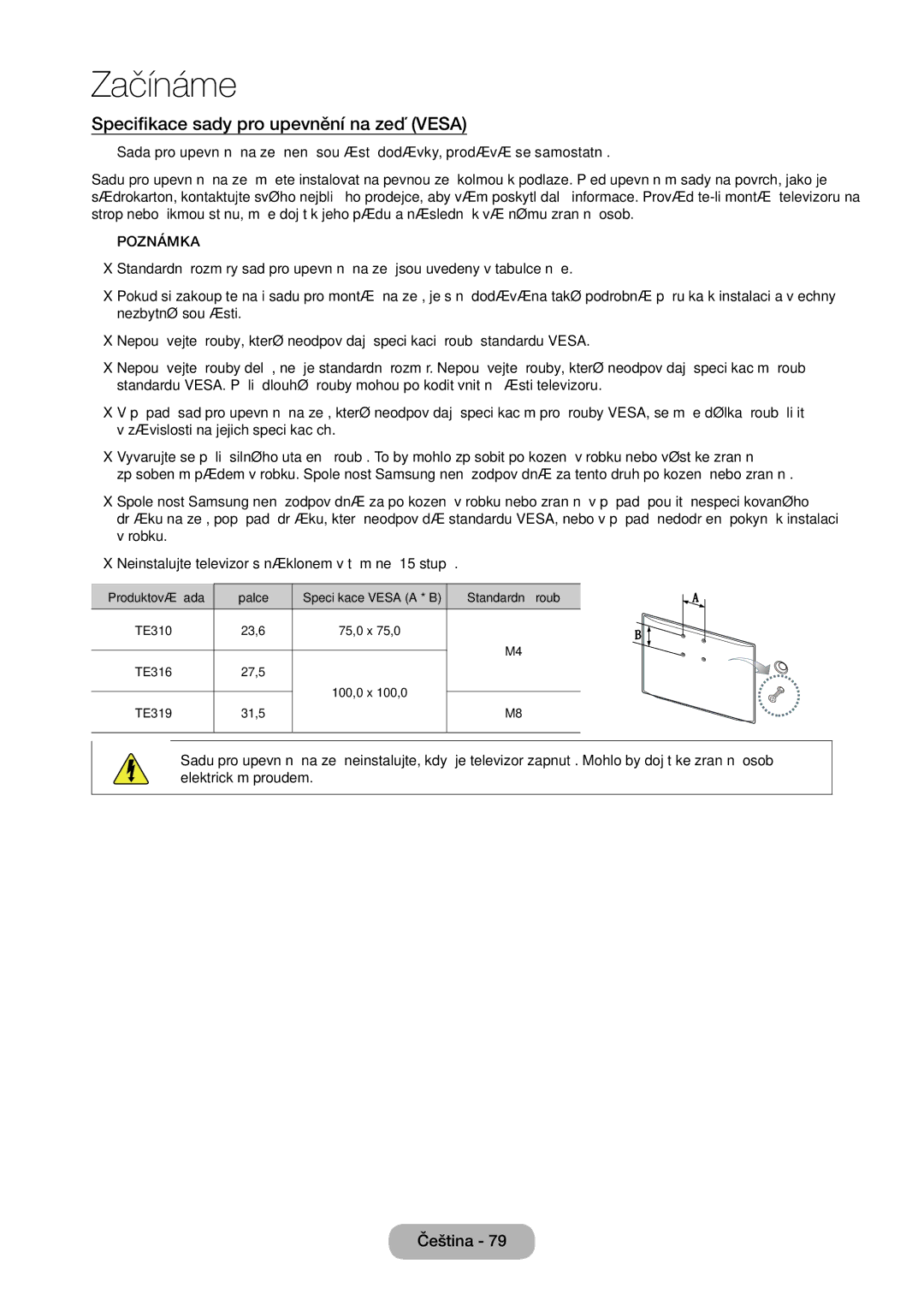 Samsung LT24E310EI/EN, LT28E316EI/EN manual Specifikace sady pro upevnění na zeď Vesa 