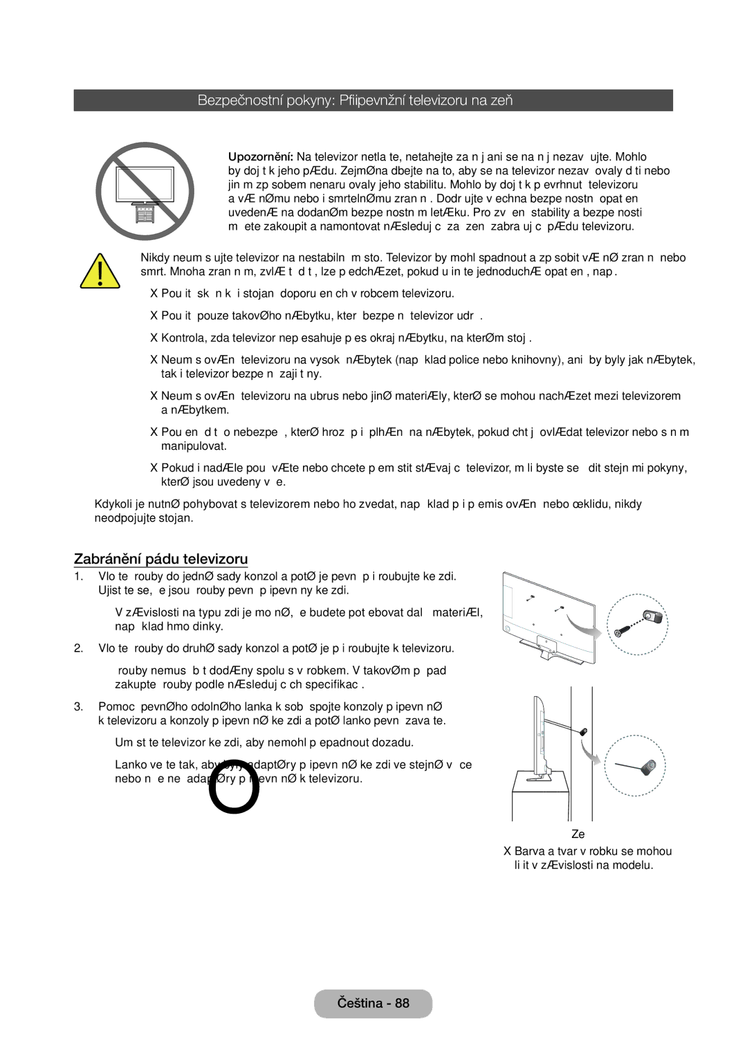 Samsung LT28E316EI/EN, LT24E310EI/EN manual Bezpečnostní pokyny Připevnění televizoru na zeď, Zabránění pádu televizoru 