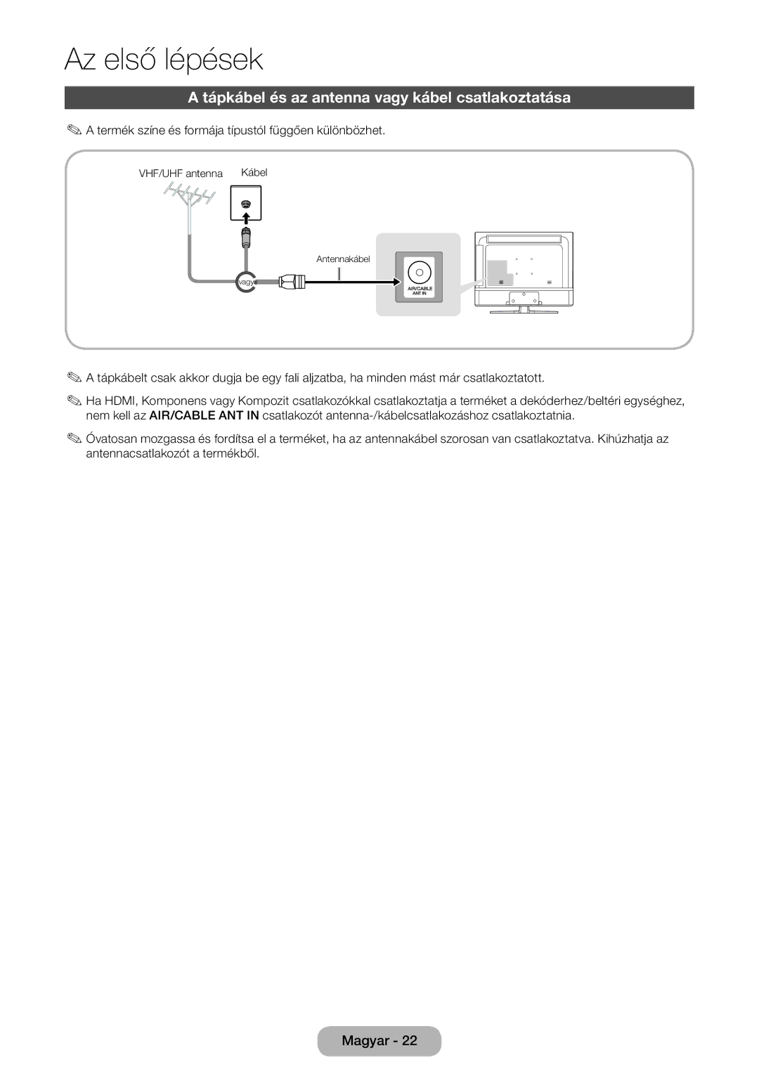 Samsung LT28E316EI/EN, LT24E310EI/EN manual Tápkábel és az antenna vagy kábel csatlakoztatása 