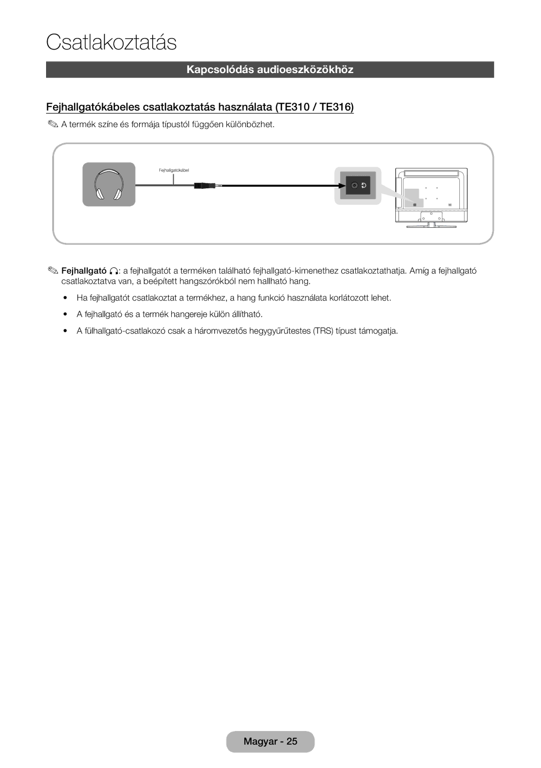 Samsung LT24E310EI/EN manual Kapcsolódás audioeszközökhöz, Fejhallgatókábeles csatlakoztatás használata TE310 / TE316 