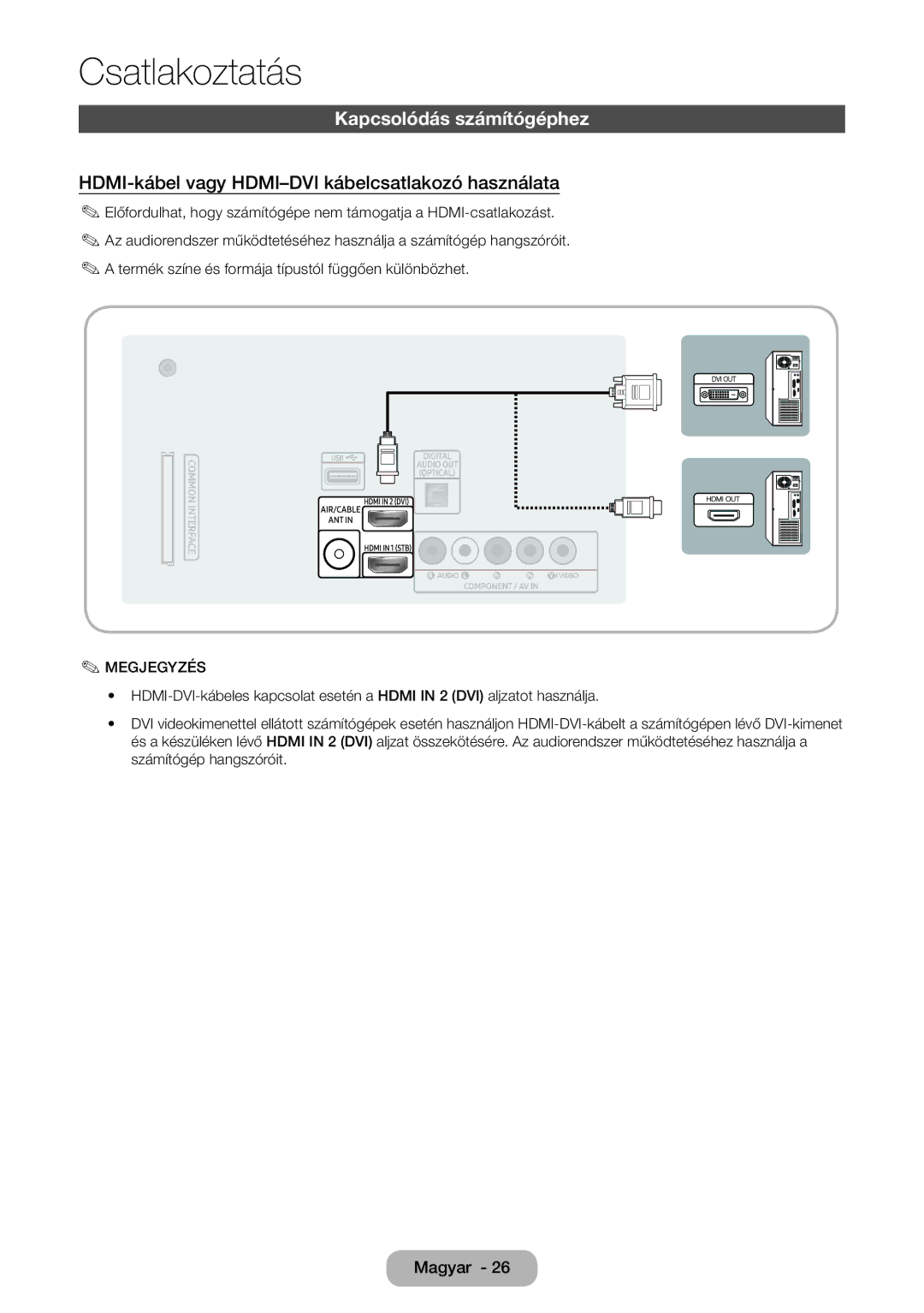 Samsung LT28E316EI/EN, LT24E310EI/EN manual Kapcsolódás számítógéphez, HDMI-kábel vagy HDMI-DVI kábelcsatlakozó használata 