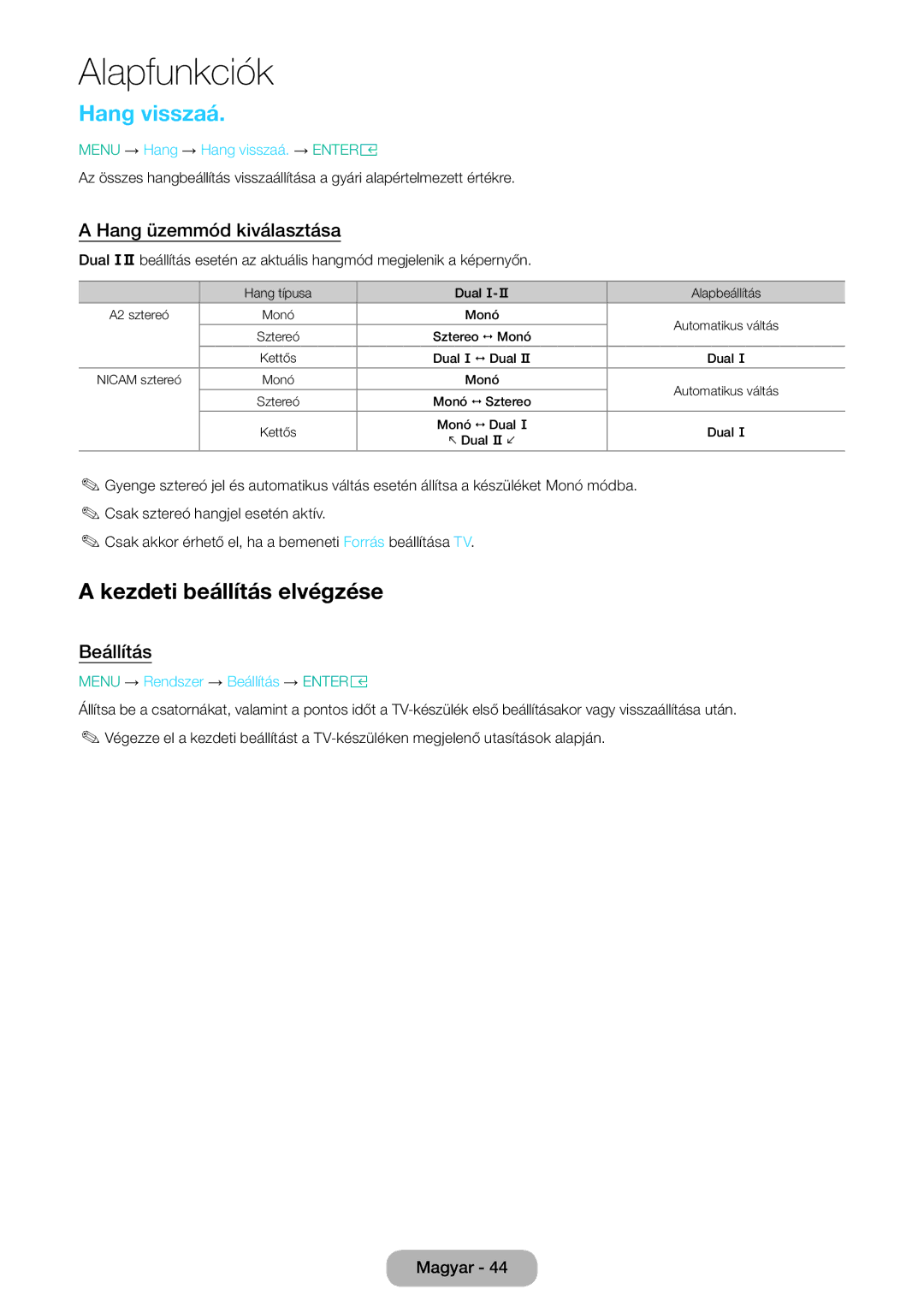 Samsung LT28E316EI/EN, LT24E310EI/EN manual Hang visszaá, Kezdeti beállítás elvégzése, Hang üzemmód kiválasztása, Beállítás 