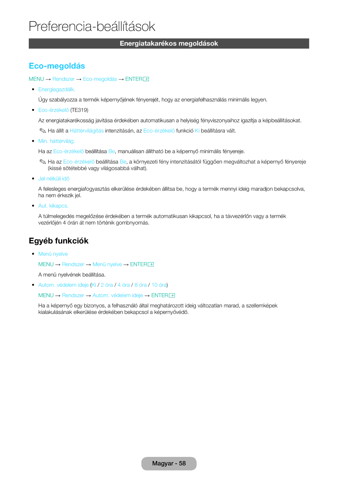 Samsung LT28E316EI/EN, LT24E310EI/EN manual Eco-megoldás, Egyéb funkciók, Energiatakarékos megoldások 