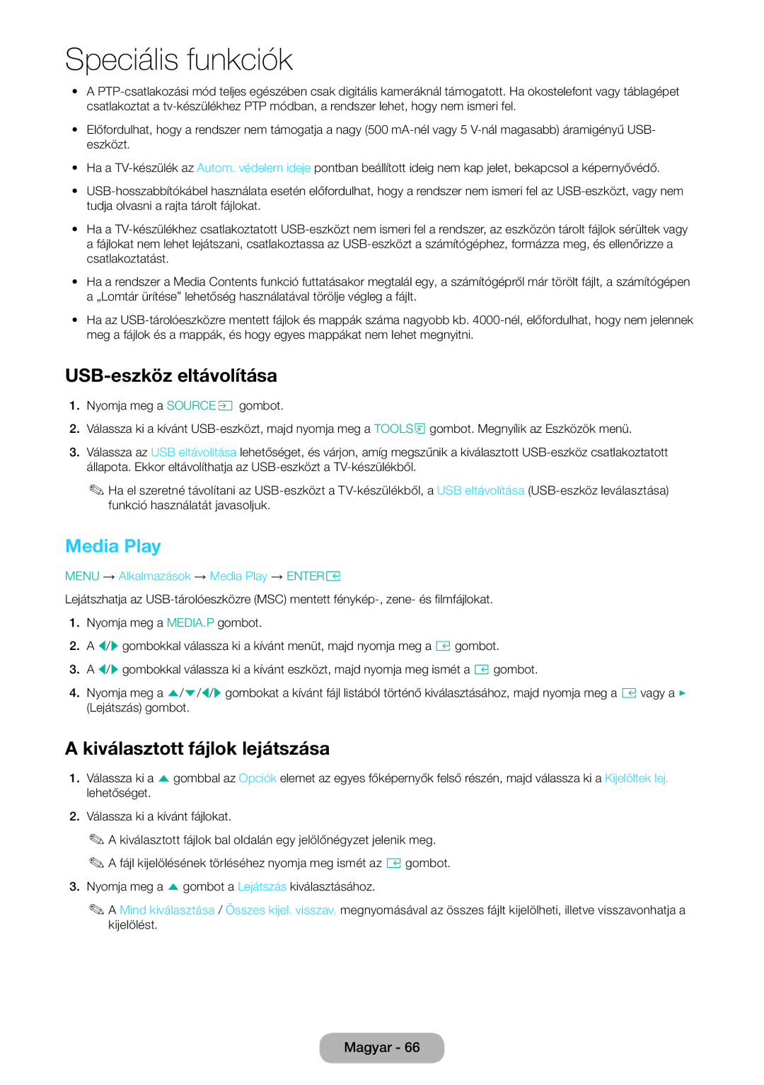 Samsung LT28E316EI/EN, LT24E310EI/EN manual USB-eszköz eltávolítása, Media Play, Kiválasztott fájlok lejátszása 