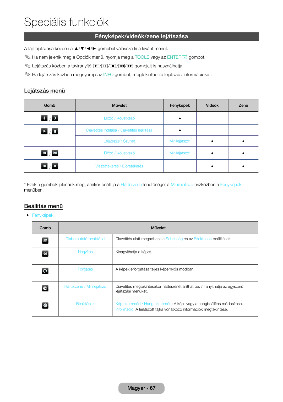 Samsung LT24E310EI/EN, LT28E316EI/EN manual Fényképek/videók/zene lejátszása, Lejátszás menü, Beállítás menü 