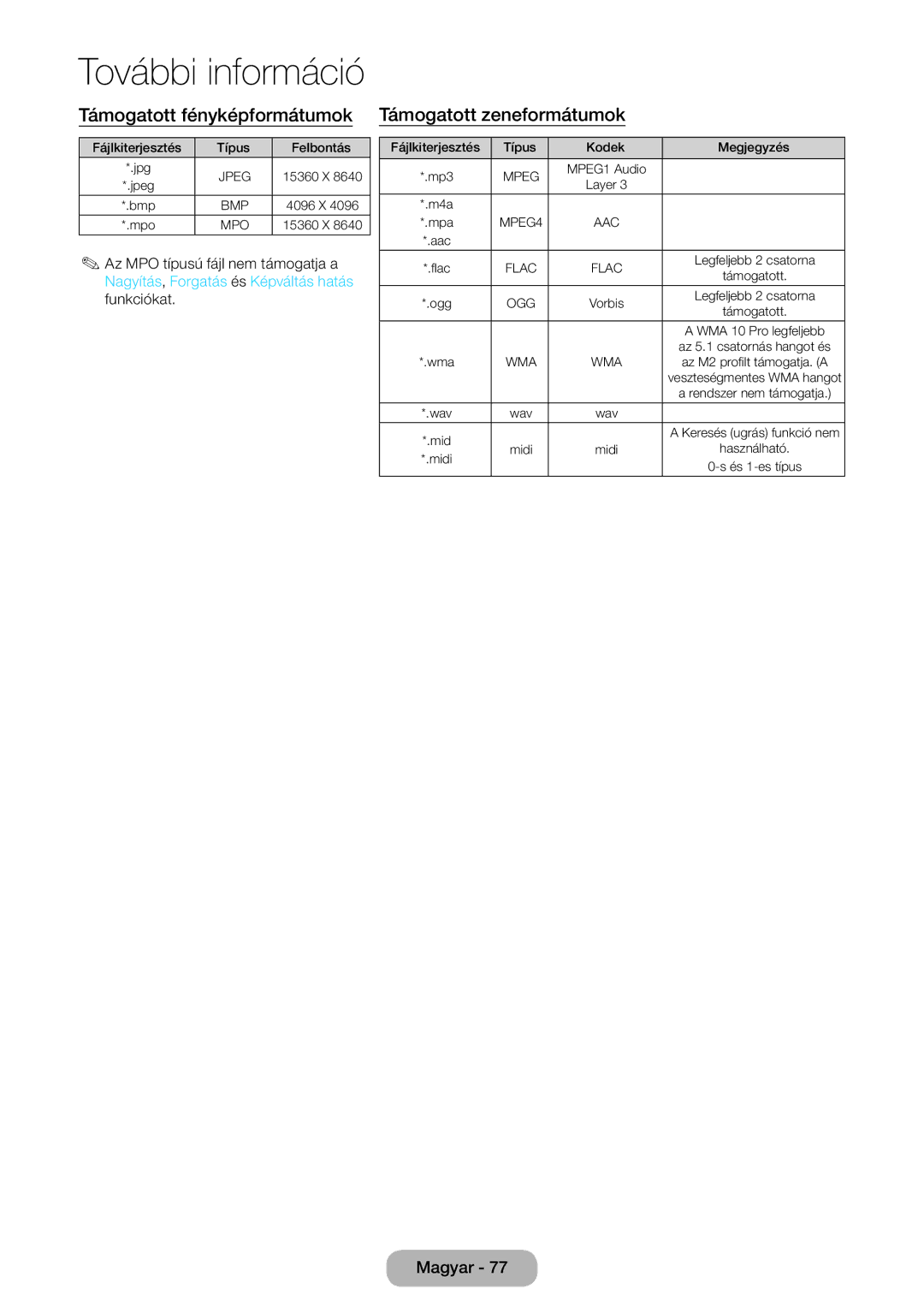 Samsung LT24E310EI/EN, LT28E316EI/EN manual Támogatott fényképformátumok, Támogatott zeneformátumok 