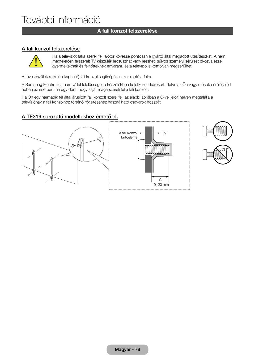 Samsung LT28E316EI/EN, LT24E310EI/EN manual Fali konzol felszerelése 