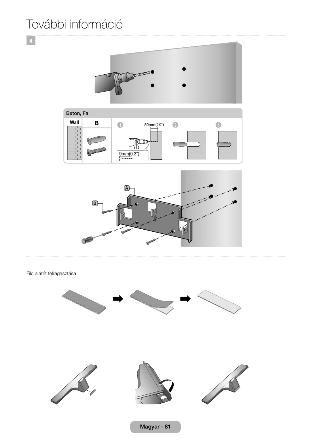 Samsung LT24E310EI/EN, LT28E316EI/EN manual Beton, Fa Filc alátét felragasztása 