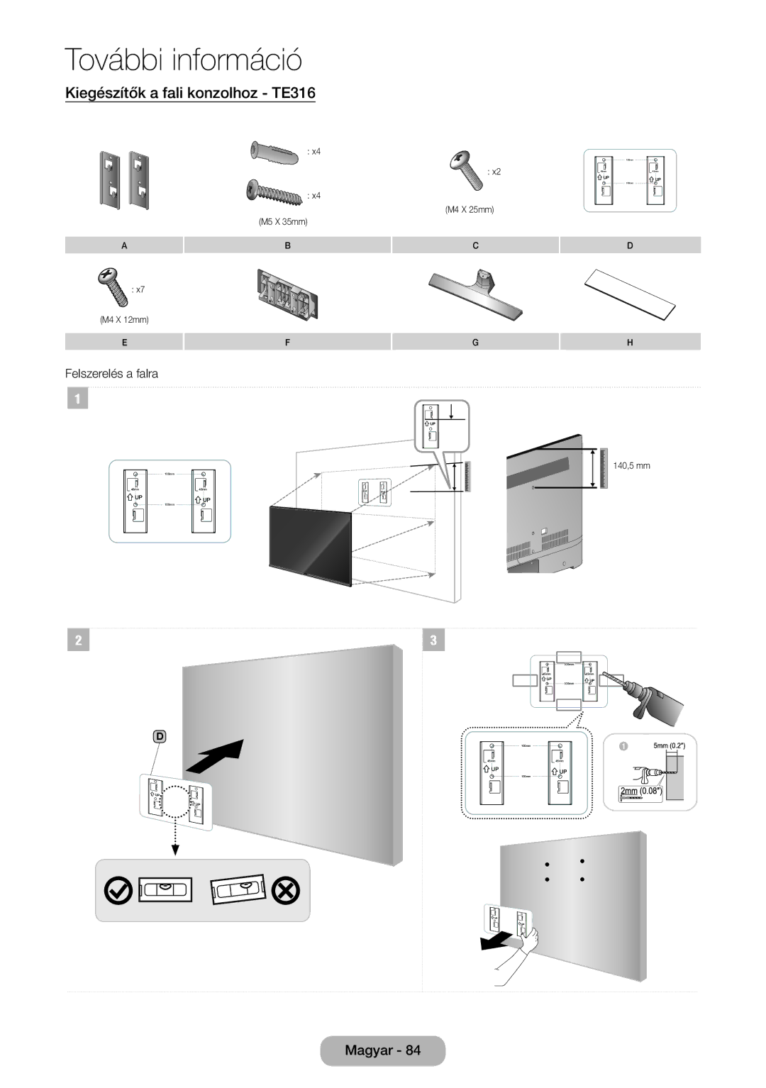 Samsung LT28E316EI/EN, LT24E310EI/EN manual Kiegészítők a fali konzolhoz TE316, Felszerelés a falra 