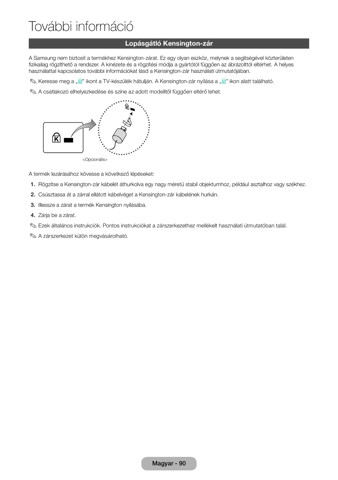 Samsung LT28E316EI/EN, LT24E310EI/EN manual Lopásgátló Kensington-zár 