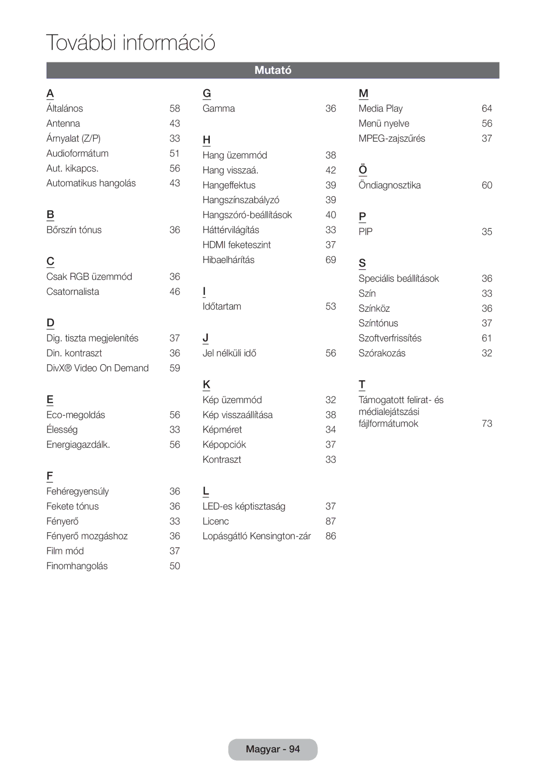 Samsung LT28E316EI/EN, LT24E310EI/EN manual Mutató, Lopásgátló Kensington-zár 