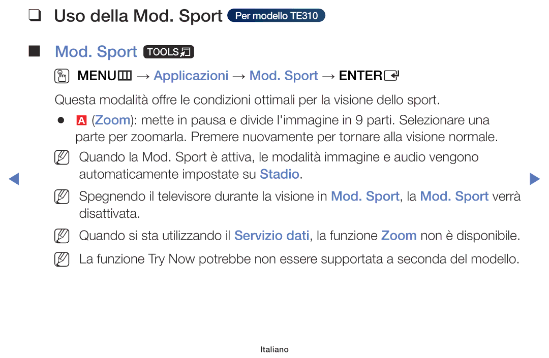 Samsung LT24E310EX/EN Uso della Mod. Sport Per modello TE310, Mod. Sport t, OO MENUm → Applicazioni → Mod. Sport → Entere 