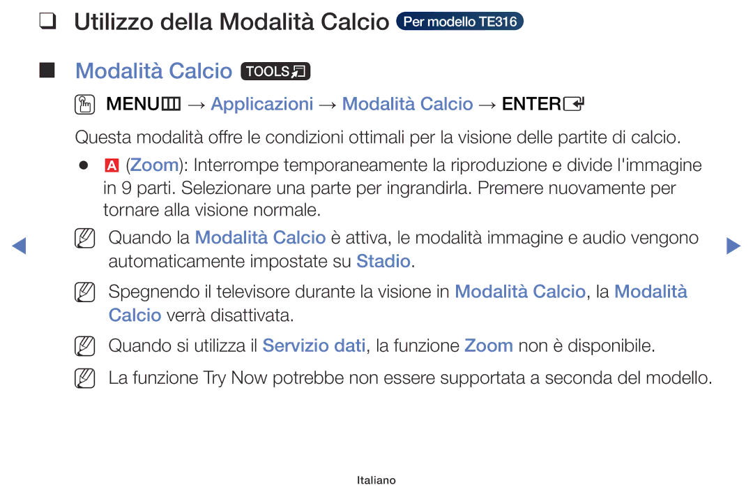 Samsung LT32E316EX/EN, LT28E316EX/EN, LT28E310EX/EN Utilizzo della Modalità Calcio Per modello TE316, Modalità Calcio t 