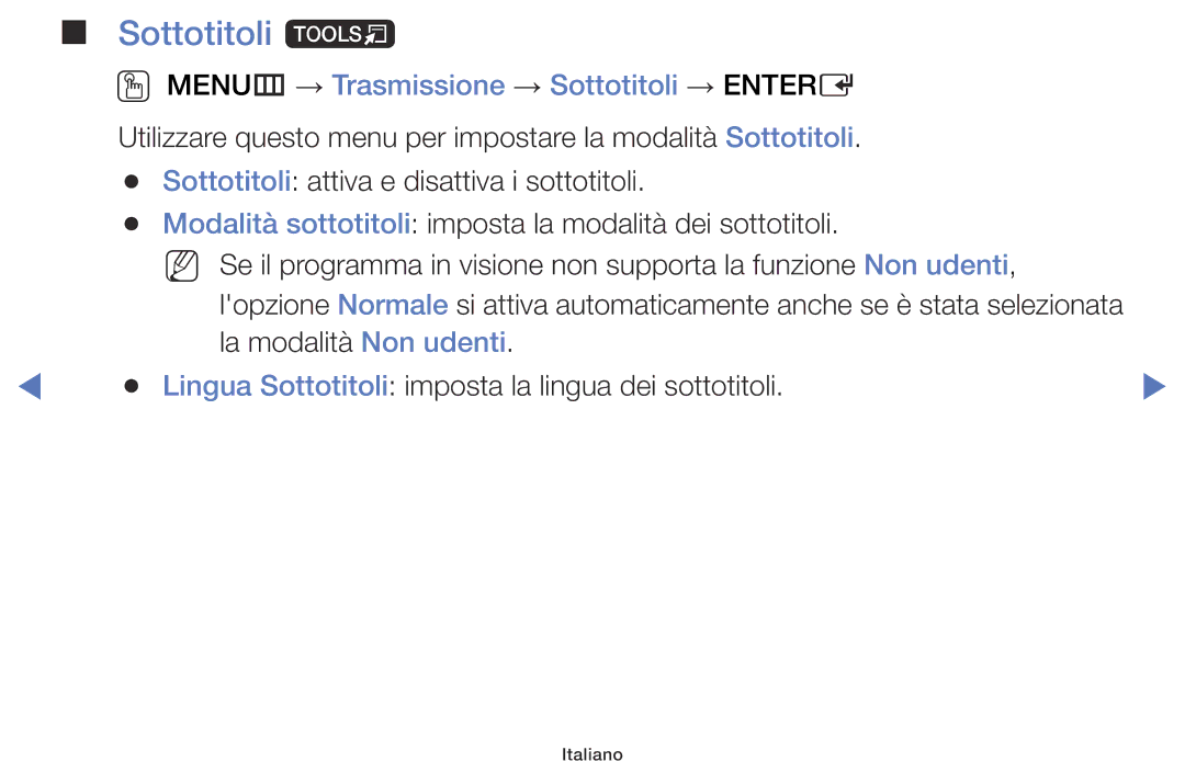 Samsung LT32E316EX/EN, LT28E316EX/EN, LT28E310EX/EN manual Sottotitoli t, OO MENUm → Trasmissione → Sottotitoli → Entere 