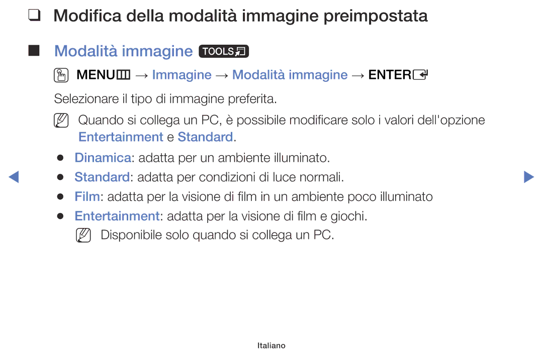 Samsung LT24E310EX/EN manual Modifica della modalità immagine preimpostata, Modalità immagine t, Entertainment e Standard 