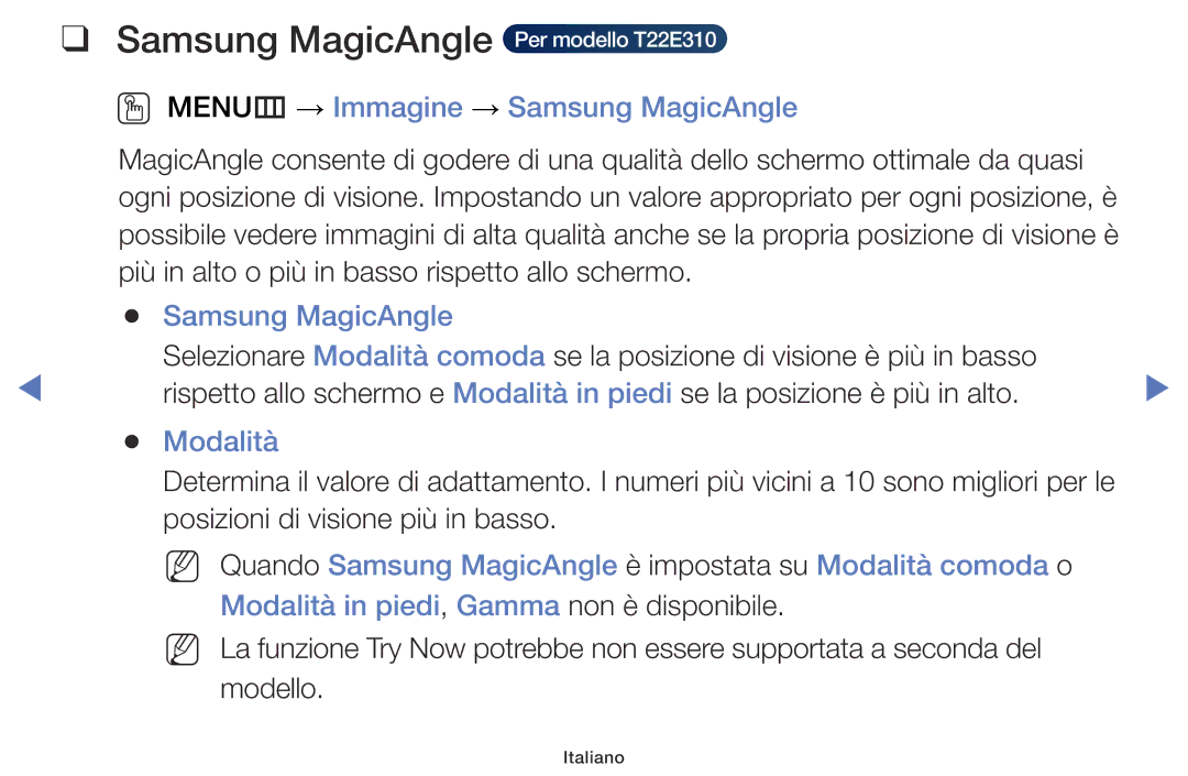 Samsung LT28E316EX/EN manual Samsung MagicAngle Per modello T22E310, OO MENUm → Immagine → Samsung MagicAngle, Modalità 