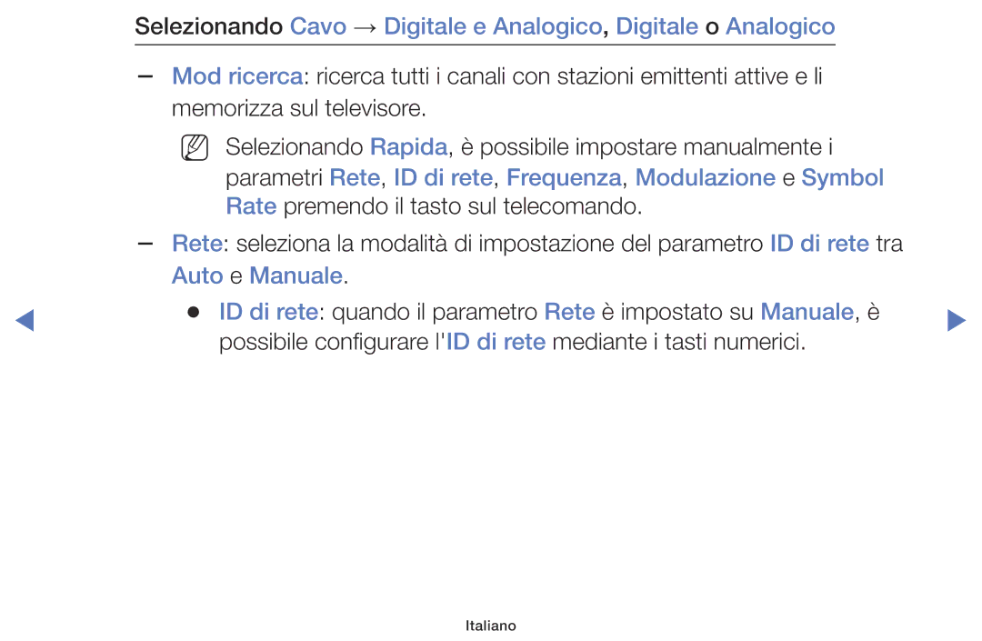 Samsung LT24E310EX/EN, LT28E316EX/EN manual Parametri Rete, ID di rete, Frequenza, Modulazione e Symbol, Auto e Manuale 