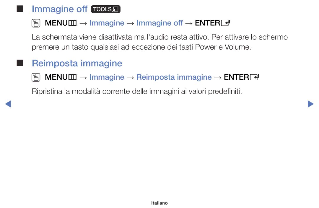 Samsung LT28E316EX/EN, LT32E316EX/EN manual Immagine off t, Reimposta immagine, OO MENUm → Immagine → Immagine off → Entere 