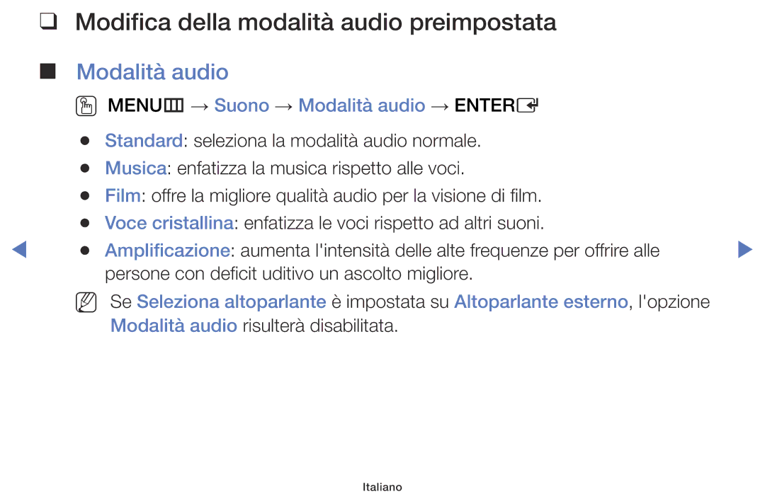 Samsung LT32E316EX/EN, LT28E316EX/EN, LT28E310EX/EN manual Modifica della modalità audio preimpostata, Modalità audio 