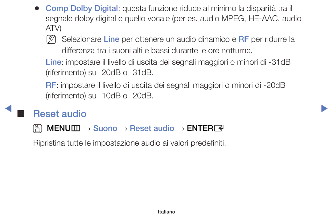 Samsung LT24E310EX/EN, LT28E316EX/EN, LT32E316EX/EN, LT28E310EX/EN, LT32E310EX/EN OO MENUm → Suono → Reset audio → Entere 