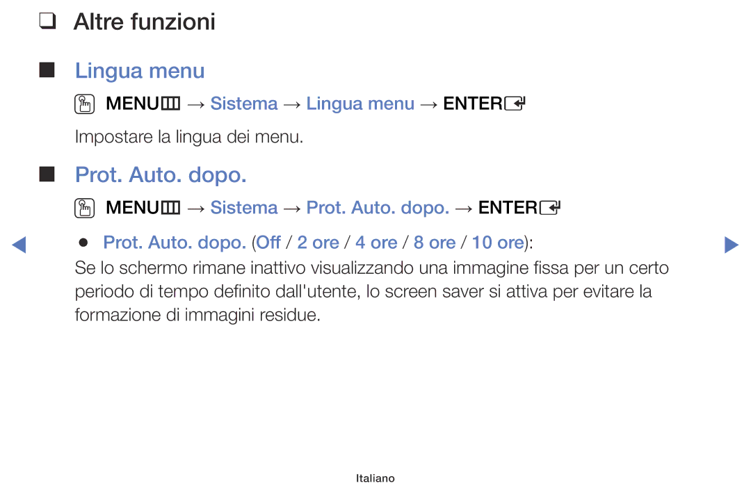 Samsung LT32E310EX/EN, LT28E316EX/EN, LT32E316EX/EN manual Prot. Auto. dopo, OO MENUm → Sistema → Lingua menu → Entere 