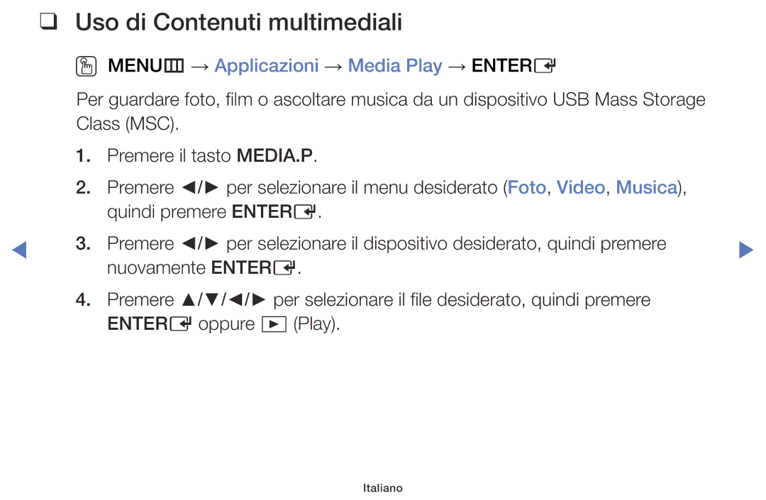 Samsung LT28E316EX/EN, LT32E316EX/EN manual Uso di Contenuti multimediali, OO MENUm → Applicazioni → Media Play → Entere 