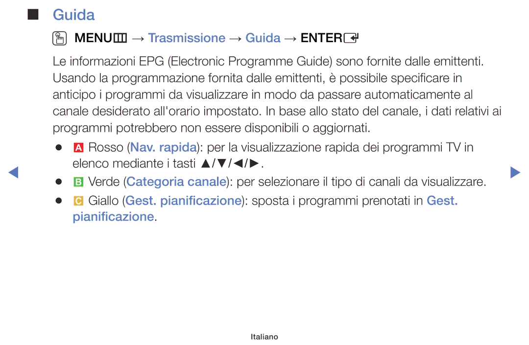 Samsung LT24E310EX/EN, LT28E316EX/EN, LT32E316EX/EN manual OO MENUm → Trasmissione → Guida → Entere, Pianificazione 