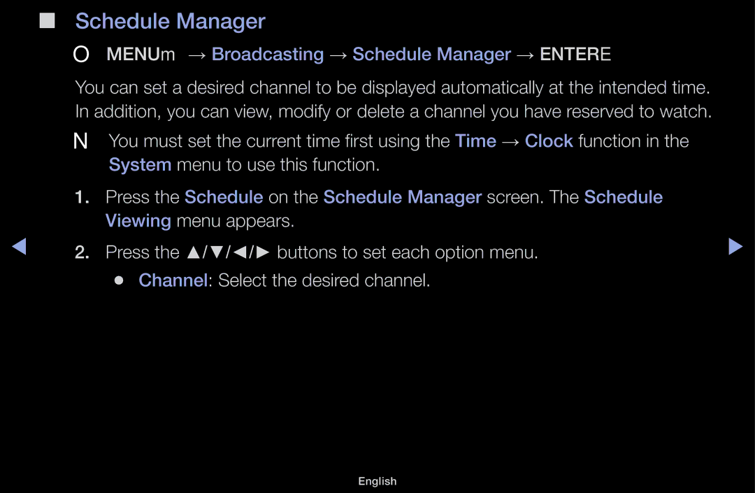 Samsung LT31D310EX/EN, LT31D310EW/EN, LT31D310EW/XU manual OO MENUm → Broadcasting → Schedule Manager → Entere 