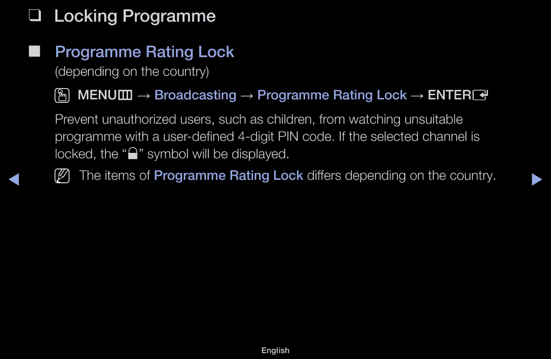 Samsung LT31D310EW/XU, LT31D310EW/EN, LT31D310EX/EN manual Locking Programme, Programme Rating Lock 