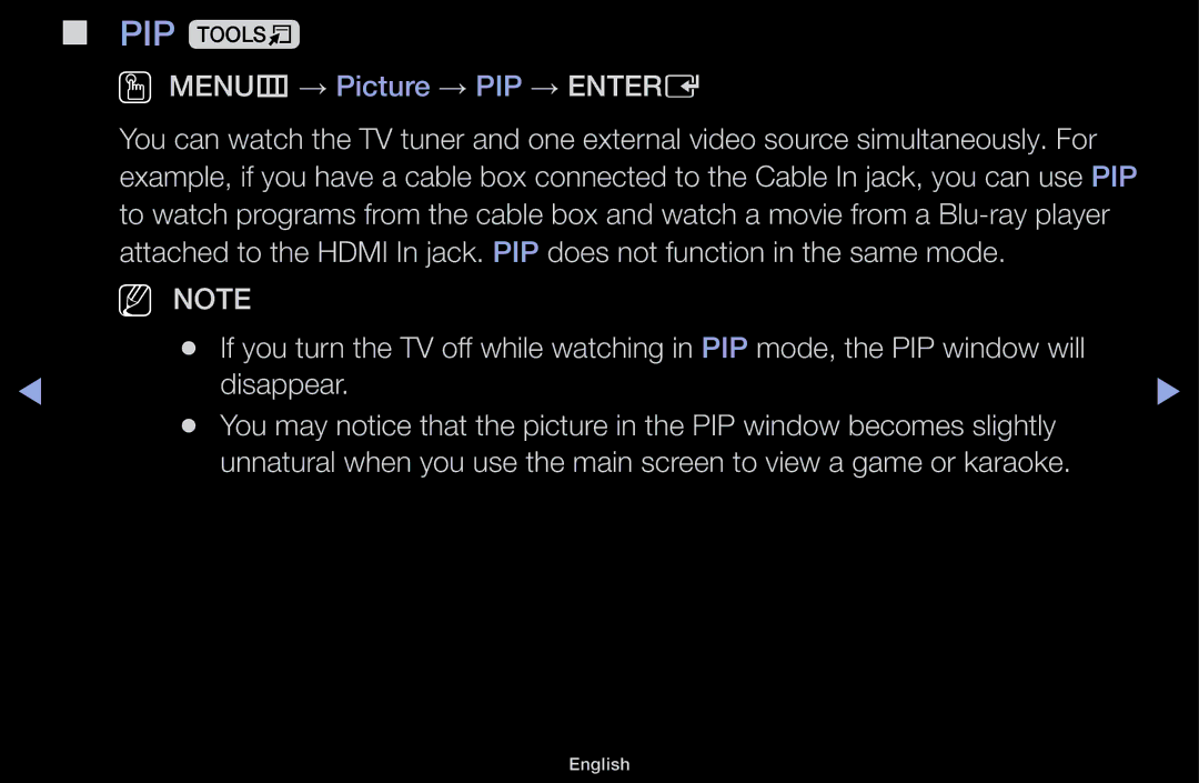 Samsung LT31D310EX/EN, LT31D310EW/EN, LT31D310EW/XU manual PIP t, OO MENUm → Picture → PIP → Entere 