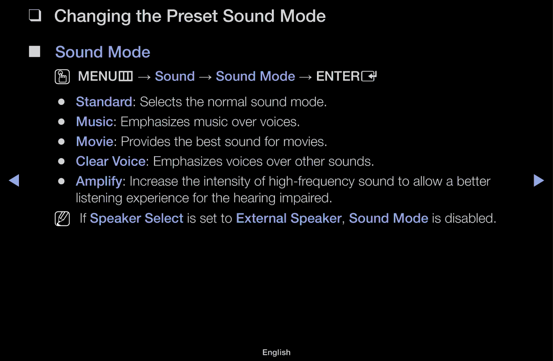 Samsung LT31D310EX/EN, LT31D310EW/EN, LT31D310EW/XU manual Changing the Preset Sound Mode 