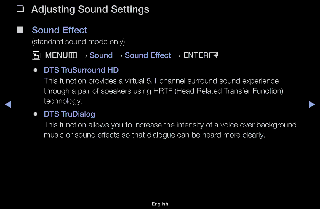 Samsung LT31D310EW/XU, LT31D310EW/EN, LT31D310EX/EN manual Adjusting Sound Settings, Sound Effect 