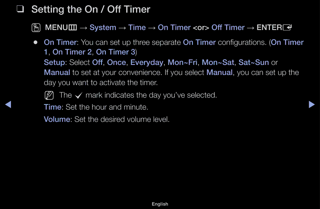 Samsung LT31D310EW/XU, LT31D310EW/EN, LT31D310EX/EN manual Setting the On / Off Timer 