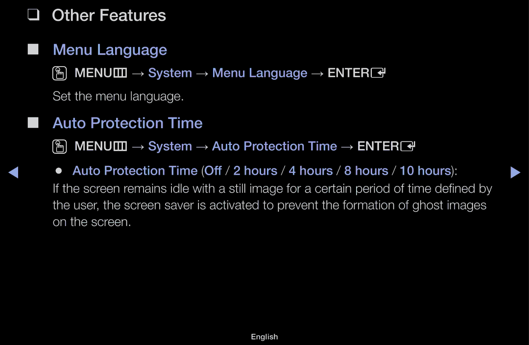 Samsung LT31D310EW/EN, LT31D310EX/EN, LT31D310EW/XU manual Menu Language, Auto Protection Time 